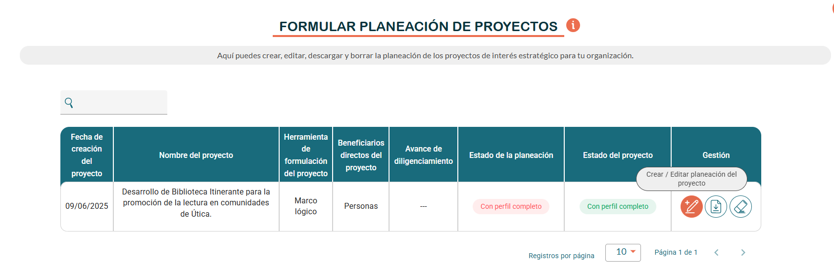 Crear / Editar planeación del proyecto
