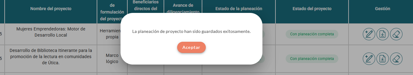 La planeación de proyecto ha sido guardada exitosamente