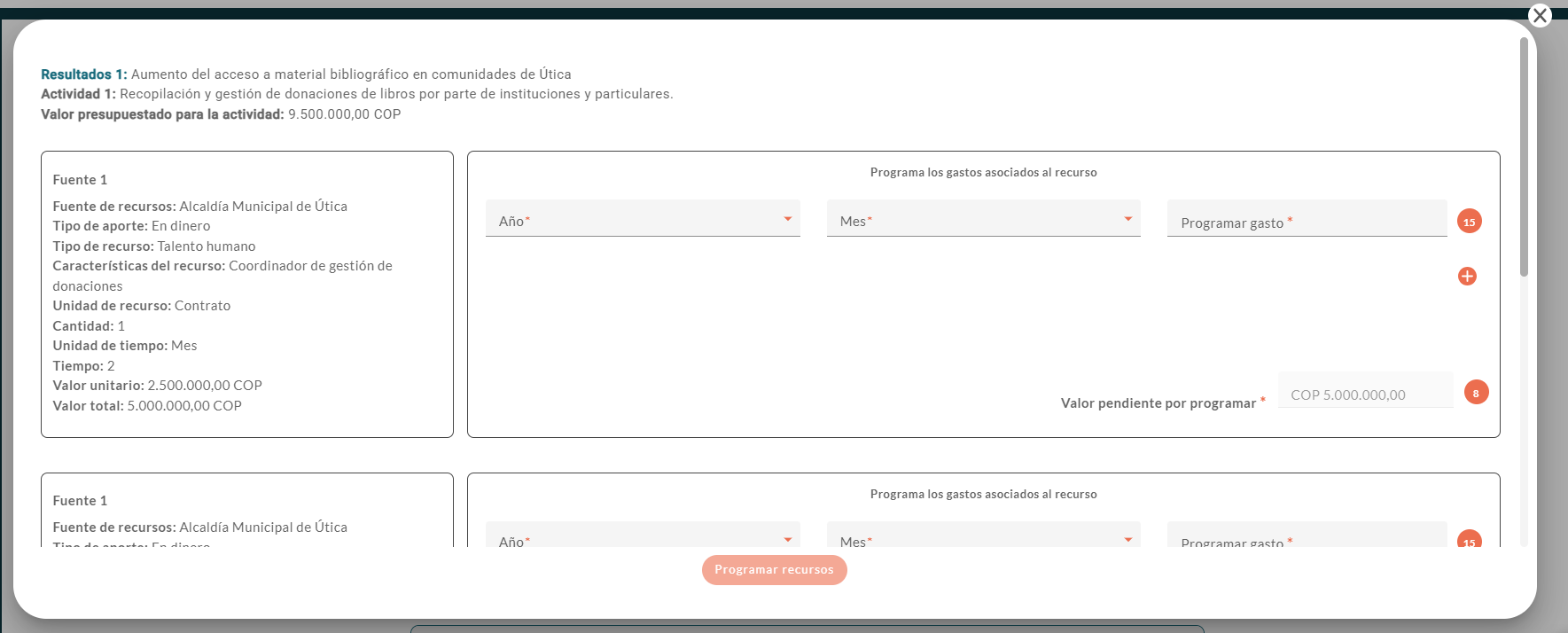 tarjetas individuales para cada recurso asociado a la actividad